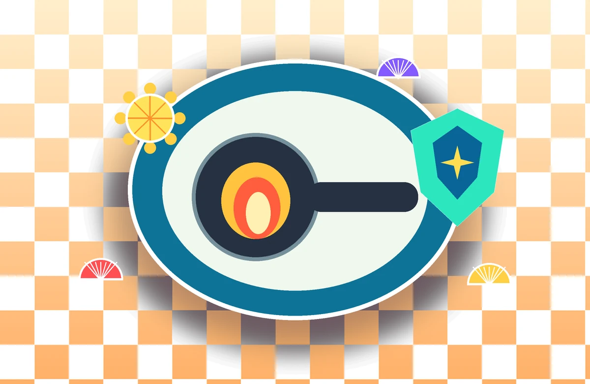Illustrated coastal game loadout with a skillet, flame, citrus emblem, shield, shells, and serving tray
